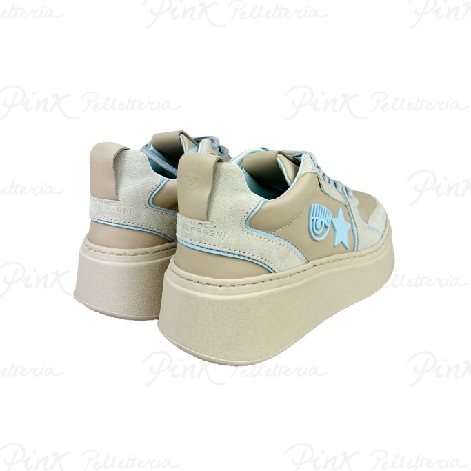 CHIARA FERRAGNI Sneakers School Beige-L. Blue Leather Suede CF3218 297 N