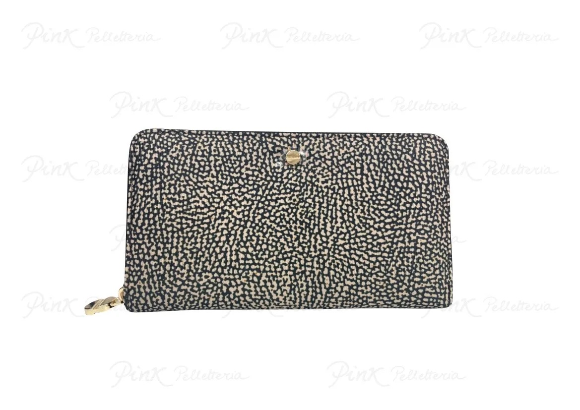 BORBONESE Classica P.foglio Large Zip Around Tess. Recicl. St. Op/Vitello 930155I15 X11 Op Naturale/Nero