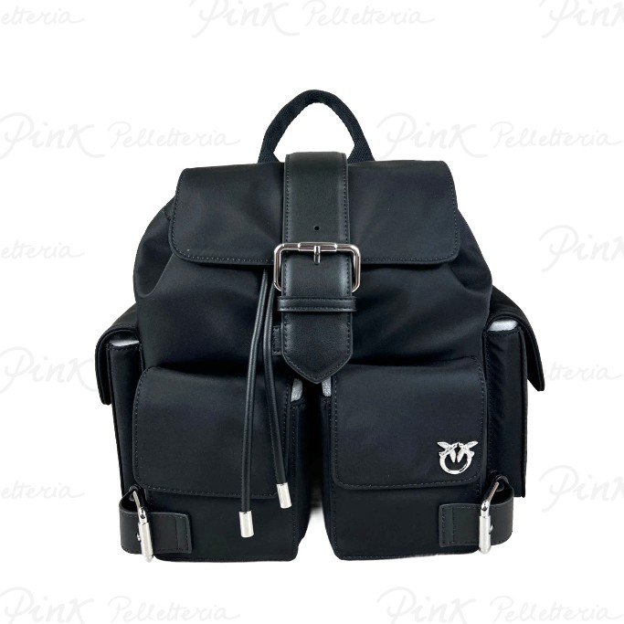 PINKO Pocket Backpack Nylon cTasche Nero Limousine- Shiny Nickel 102745 A1J4 Z99N
