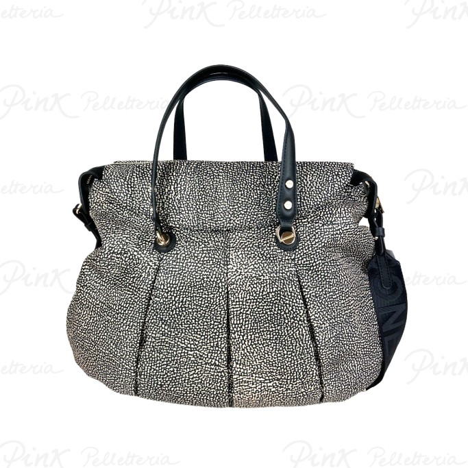 BORBONESE Croissant Borsa Shopping L. c/Tracolla Tess. Recicl. St. Op/Vitello 933078AH1 X11 Op Naturale/Nero