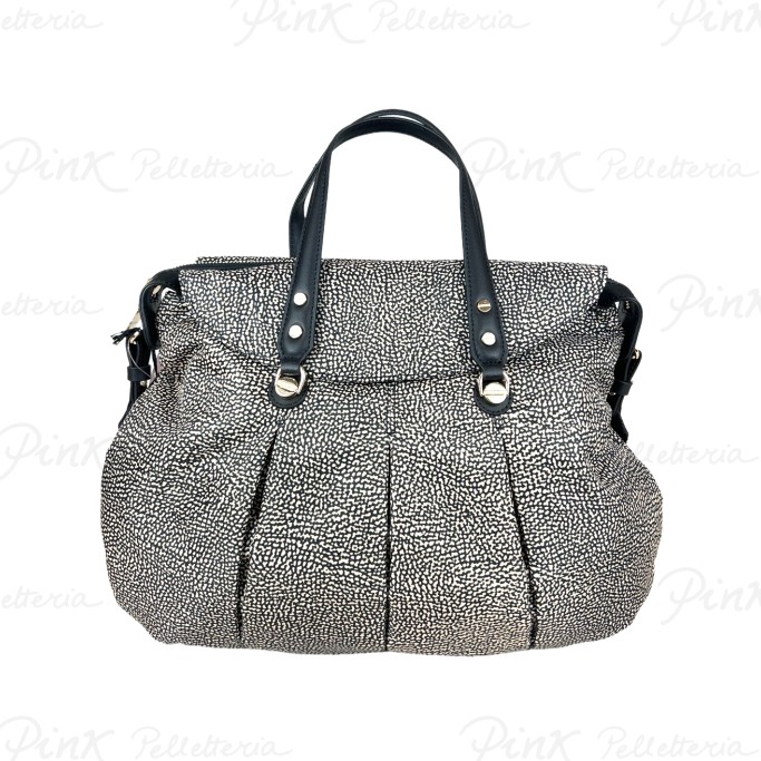 BORBONESE Croissant Borsa Shopping L. c/Tracolla Tess. Recicl. St. Op/Vitello 933078AH1 X11 Op Naturale/Nero