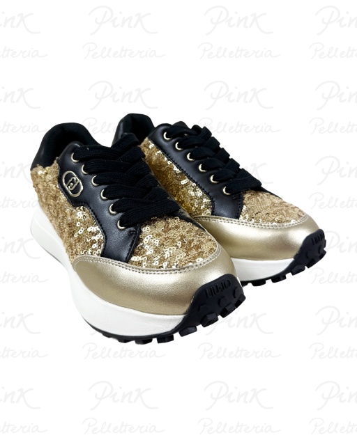 LIU JO Lolo 20 Sneaker Calf LeatherSequinsMetallic BF5027PX692S1189 BlackLight Gold