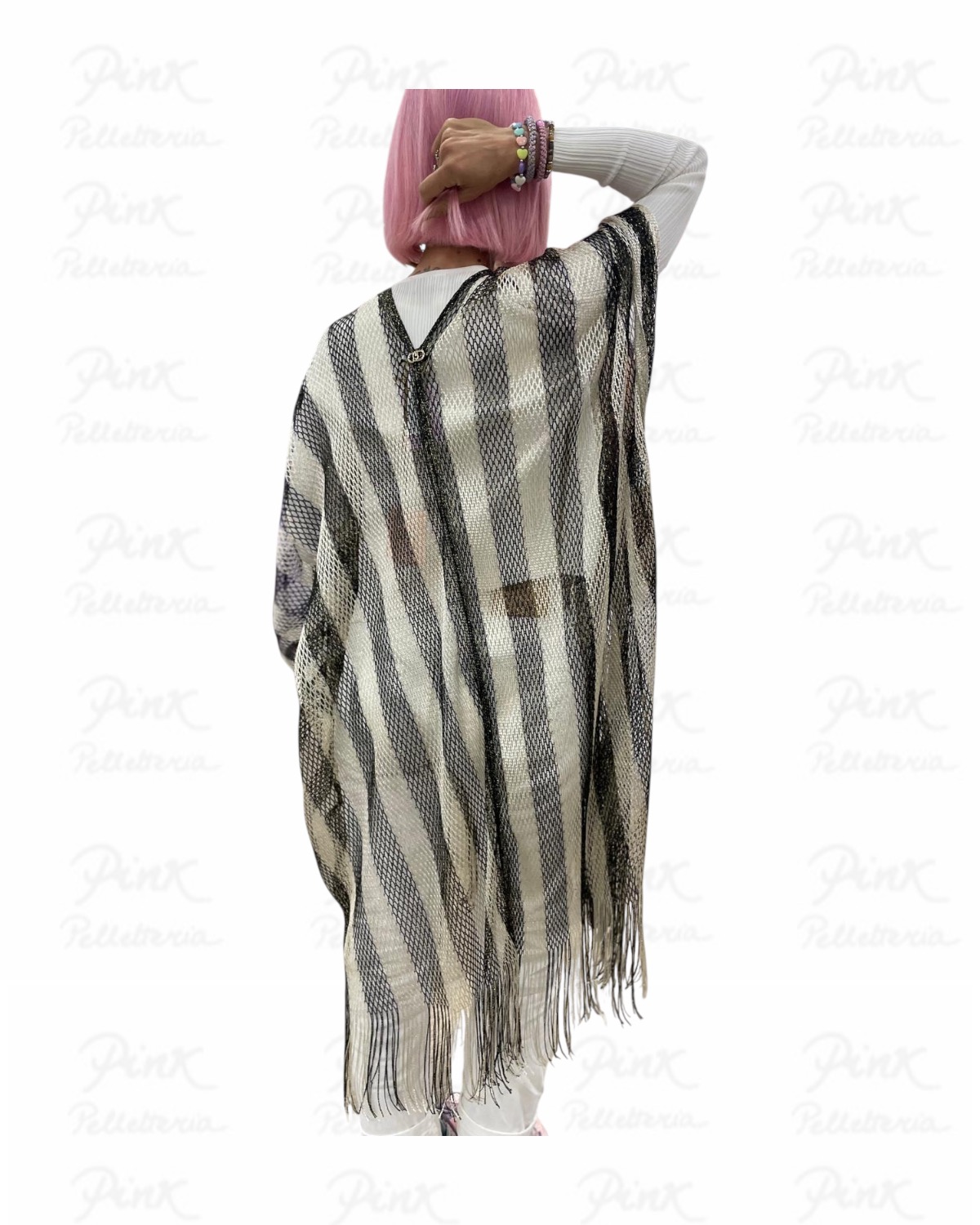 LIU JO Poncho Rete Righe 2A6009T0300 00054 Bianco/Nero - immagine 3