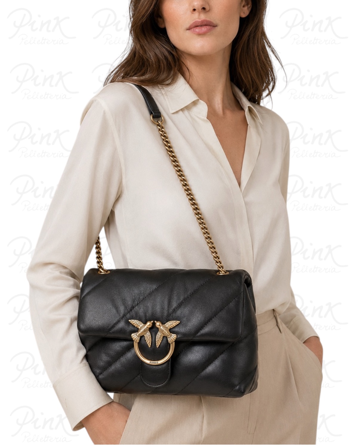 PINKO Love Puff Big cl Sheep Nappa Trapuntata 100037-A0F2-Z99Q Nero-Oro - immagine 2