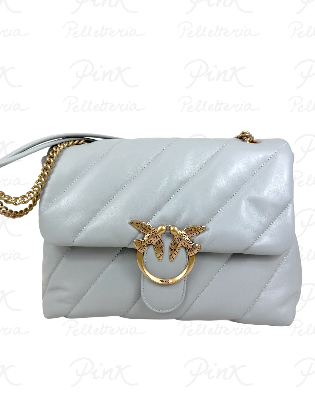 PINKO Love Puff Big cl Sheep Nappa Trapuntata 100037-A0F2-K32Q Grigio Perla- Antique Gold-Oro