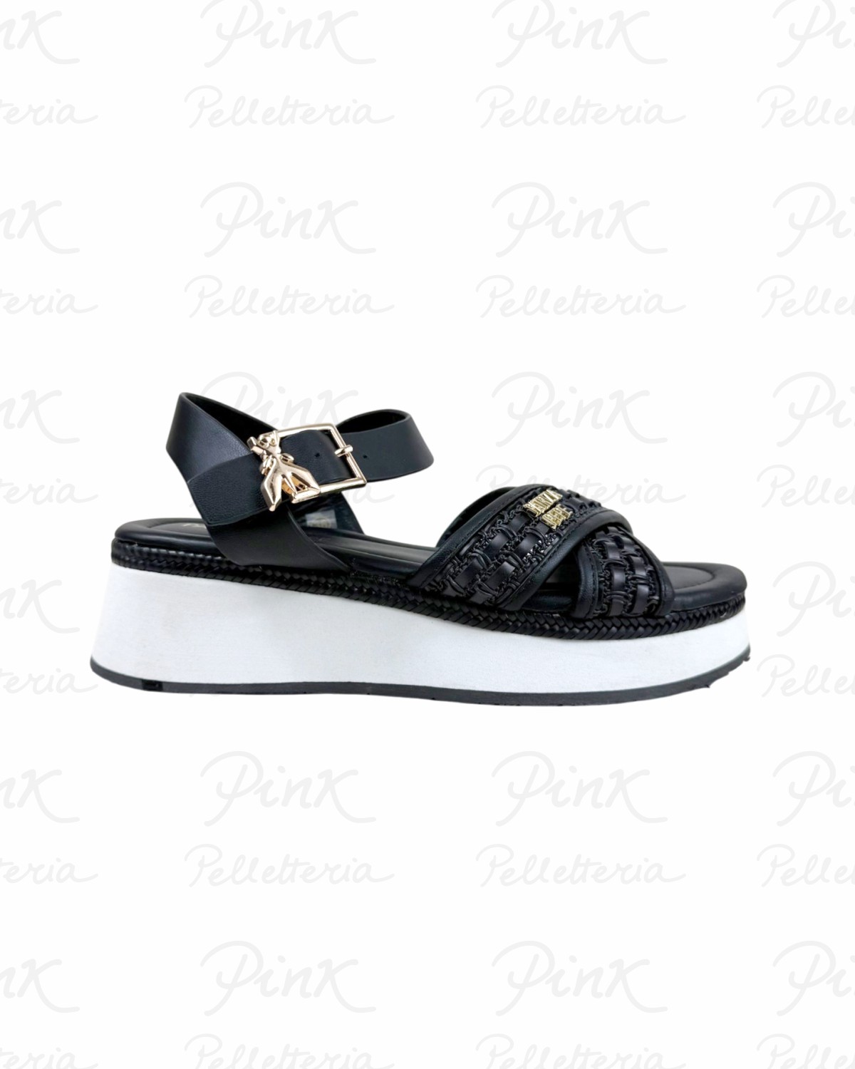 PATRIZIA PEPE Flyplatsandal Sandalo Intreccio PJ392.31 Nero.