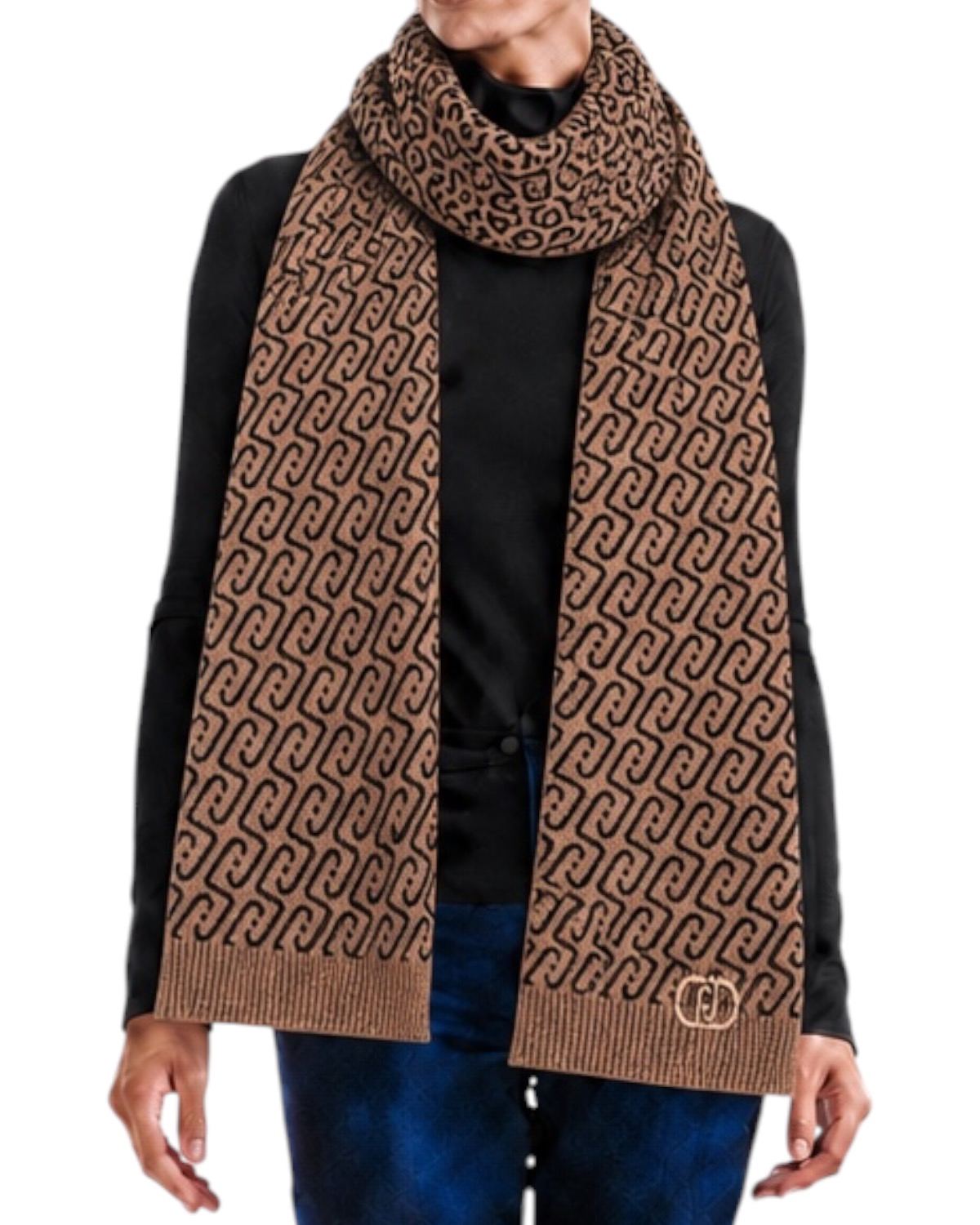 LIU JO Logo Sciarpa Jacquard 2F6016M0300 00417 Cammello/Nero - immagine 2